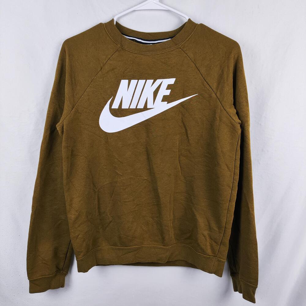 Nike Sweatshirt Mens XS Brown Crewneck Fleece Big Swoosh Logo Pullover Front